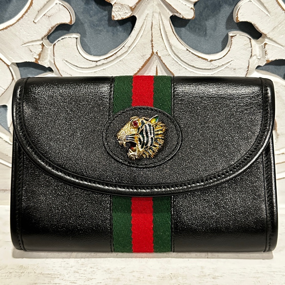 Gucci Rajah Mini Leather Chain Wallet Black Web Stripe Tiger Head w COA Dust Bag